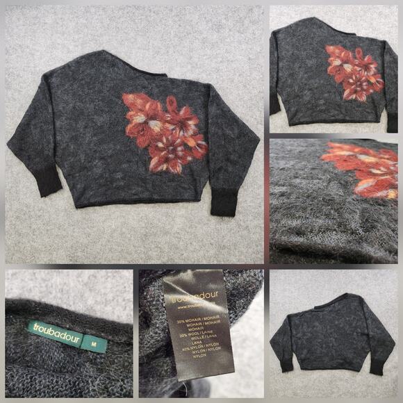 Troubadour Sweater Womens Medium Black Floral Mohair Wool Blend Pullover Cozy - Picture 1 of 12